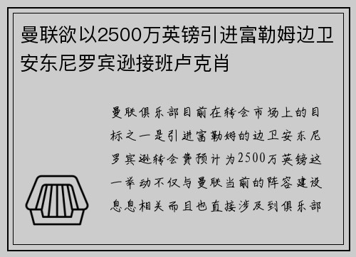 曼联欲以2500万英镑引进富勒姆边卫安东尼罗宾逊接班卢克肖