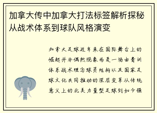 加拿大传中加拿大打法标签解析探秘从战术体系到球队风格演变